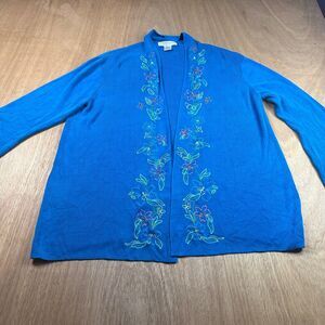 Silk Assets 100% Silk Embroidered Open Front Cardigan Blue Size L